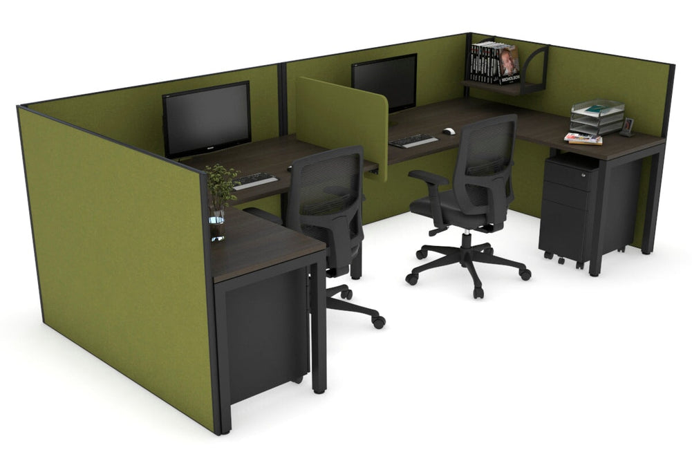Quadro Square Legs 2 Person Corner Workstation - U Configuration - Black Frame [1600L x 1800W with Cable Scallop]-dark oak green moss biscuit panel