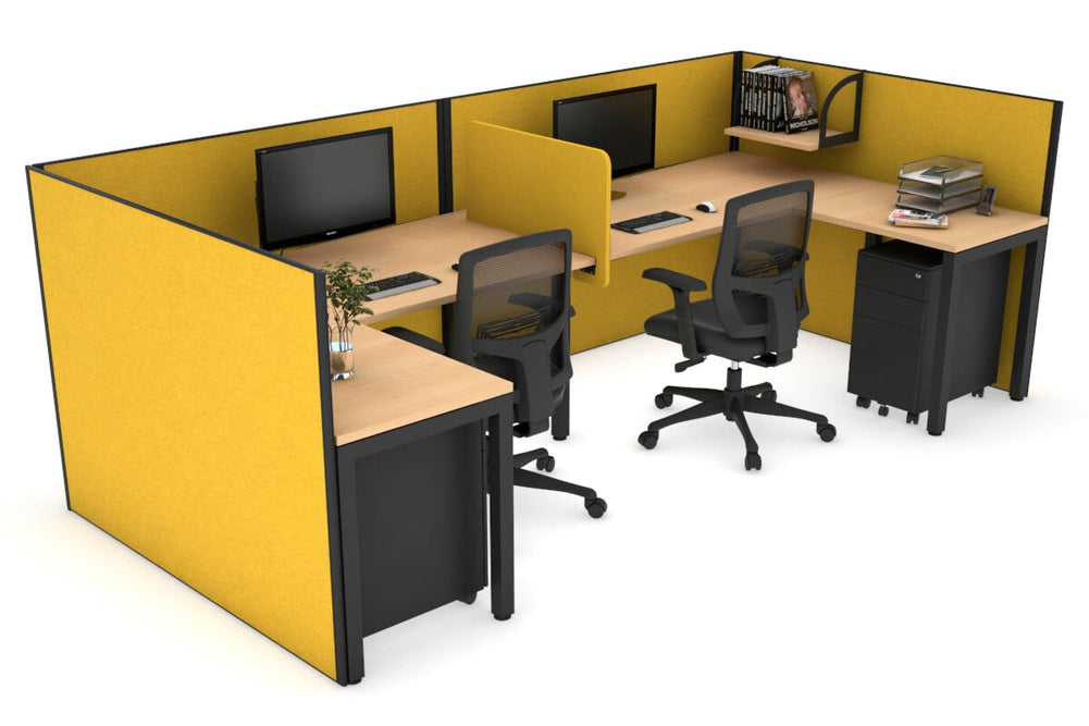 Quadro Square Legs 2 Person Corner Workstation - U Configuration - Black Frame [1600L x 1800W with Cable Scallop]-maple mustard yellow biscuit panel