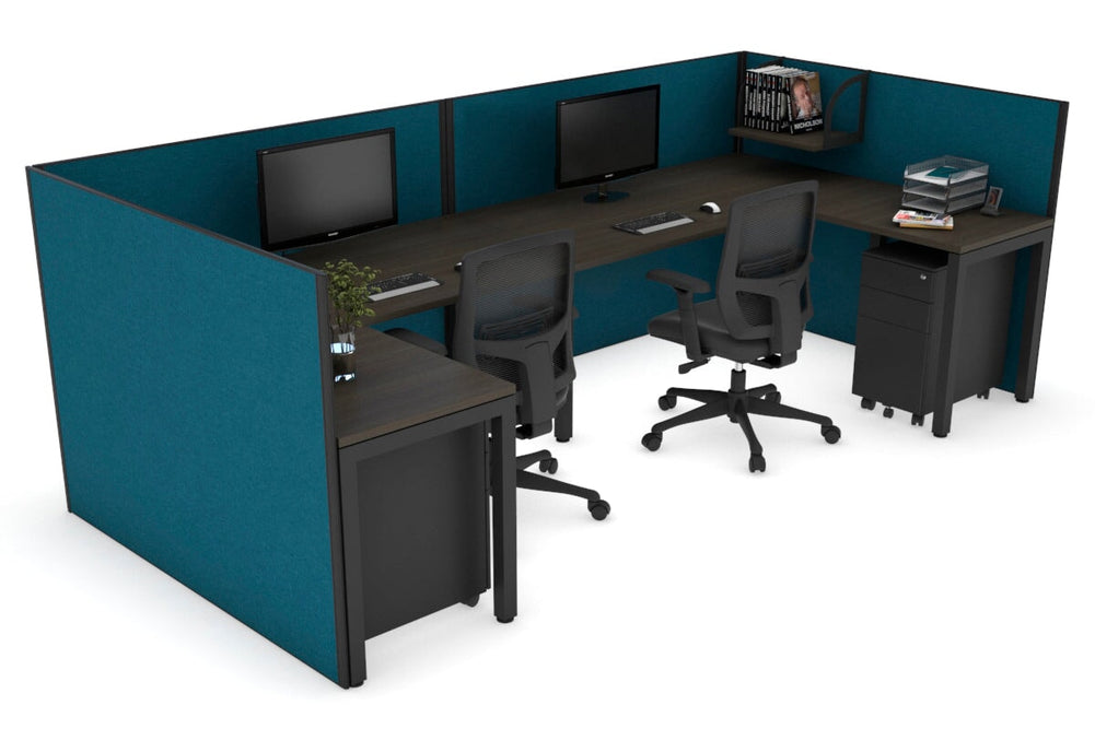 Quadro Square Legs 2 Person Corner Workstation - U Configuration - Black Frame [1600L x 1800W with Cable Scallop]-dark oak deep blue none
