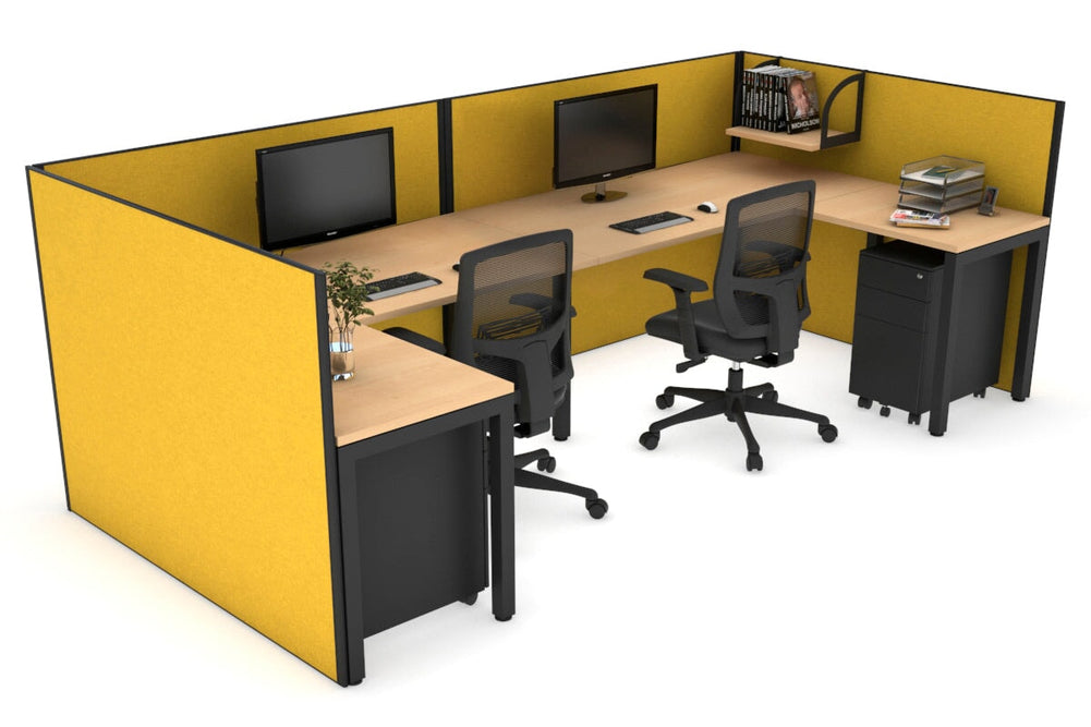 Quadro Square Legs 2 Person Corner Workstation - U Configuration - Black Frame [1600L x 1800W with Cable Scallop]-maple mustard yellow none