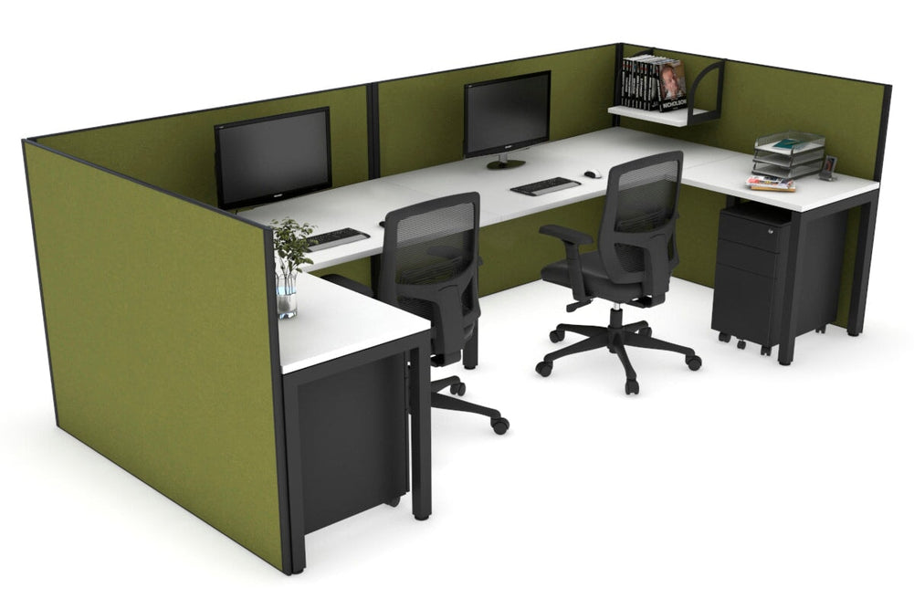 Quadro Square Legs 2 Person Corner Workstation - U Configuration - Black Frame [1600L x 1800W with Cable Scallop]-white green moss none