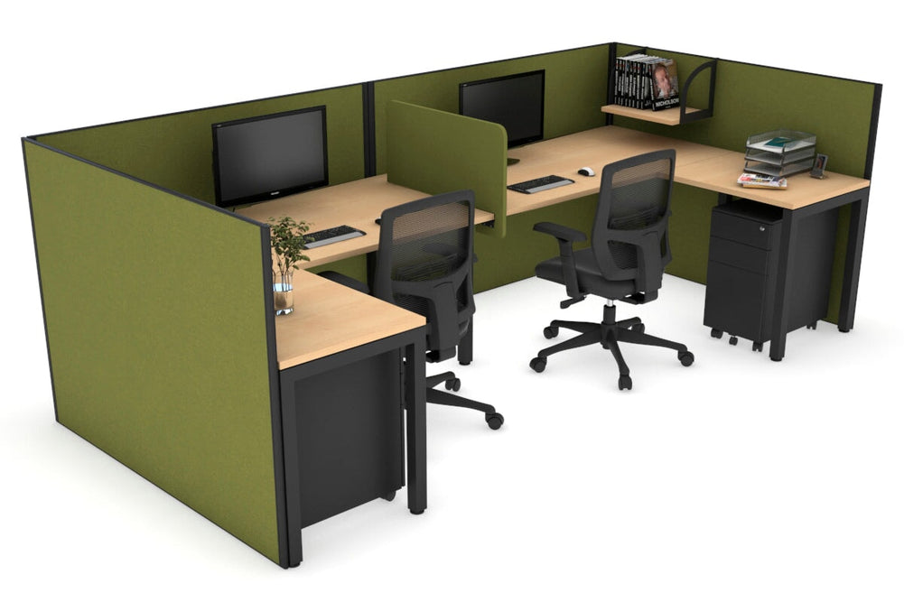 Quadro Square Legs 2 Person Corner Workstation - U Configuration - Black Frame [1600L x 1800W with Cable Scallop]-maple green moss biscuit panel