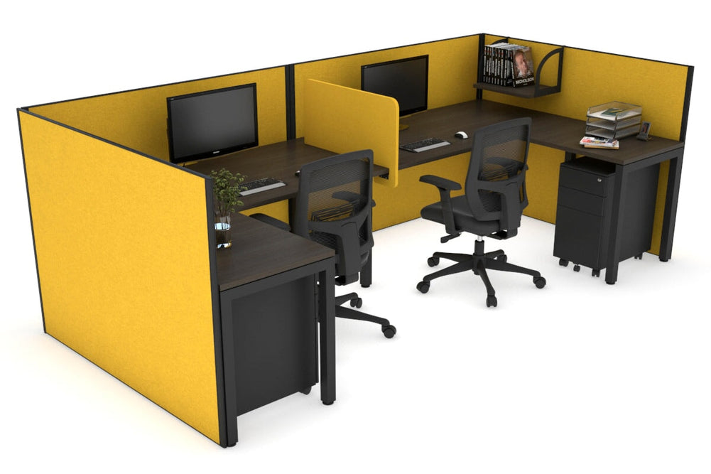 Quadro Square Legs 2 Person Corner Workstation - U Configuration - Black Frame [1600L x 1800W with Cable Scallop]-dark oak mustard yellow biscuit panel