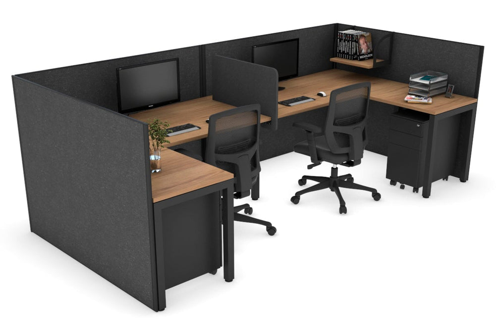 Quadro Square Legs 2 Person Corner Workstation - U Configuration - Black Frame [1600L x 1800W with Cable Scallop]-salvage oak moody charcoal biscuit panel