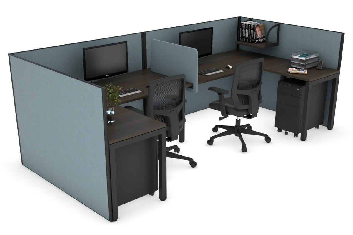 Quadro Square Legs 2 Person Corner Workstation - U Configuration - Black Frame [1800L x 1800W with Cable Scallop]-dark oak cool grey biscuit panel