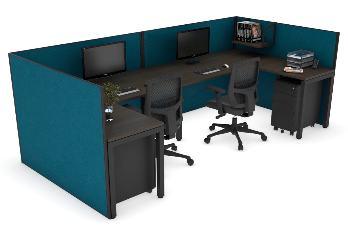 Quadro Square Legs 2 Person Corner Workstation - U Configuration - Black Frame [1800L x 1800W with Cable Scallop]-dark oak deep blue none