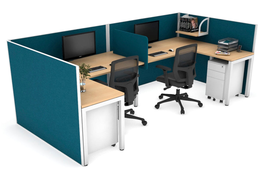 Quadro Square Legs 2 Person Corner Workstation - U Configuration - White Frame [1400L x 1800W with Cable Scallop]-maple deep blue biscuit panel