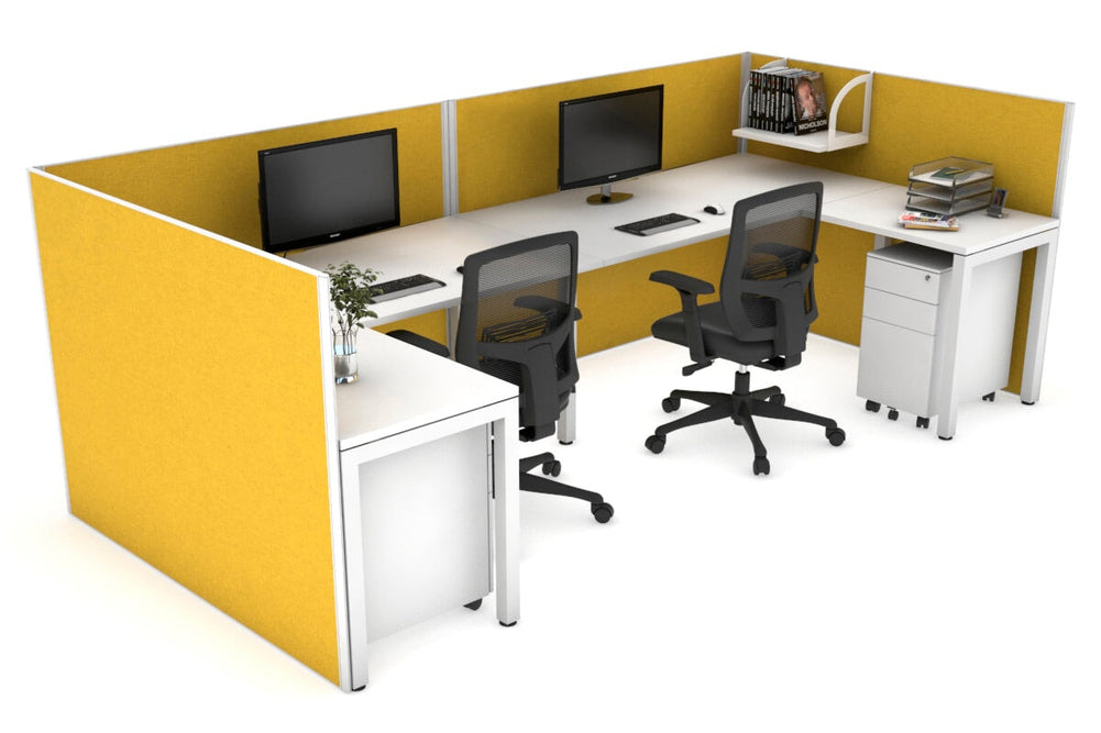 Quadro Square Legs 2 Person Corner Workstation - U Configuration - White Frame [1400L x 1800W with Cable Scallop]-white mustard yellow none