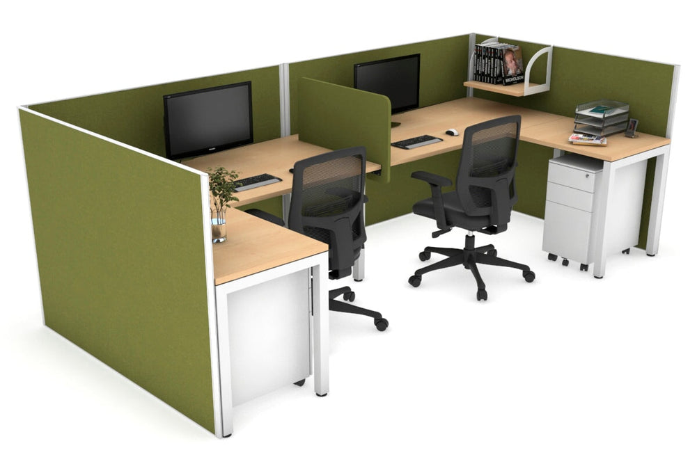 Quadro Square Legs 2 Person Corner Workstation - U Configuration - White Frame [1400L x 1800W with Cable Scallop]-maple green moss biscuit panel