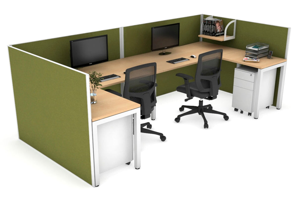 Quadro Square Legs 2 Person Corner Workstation - U Configuration - White Frame [1400L x 1800W with Cable Scallop]-maple green moss none