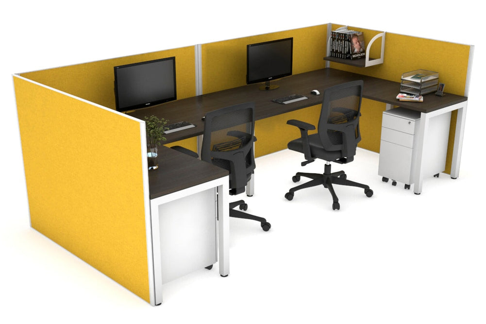 Quadro Square Legs 2 Person Corner Workstation - U Configuration - White Frame [1400L x 1800W with Cable Scallop]-dark oak mustard yellow none