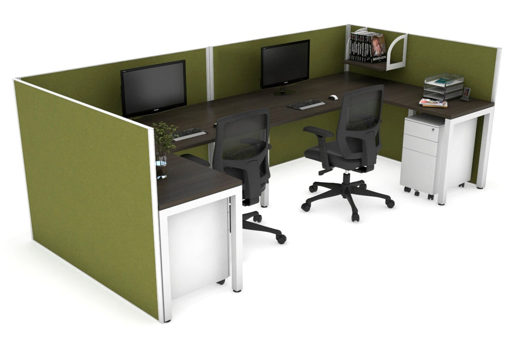 Quadro Square Legs 2 Person Corner Workstation - U Configuration - White Frame [1400L x 1800W with Cable Scallop]-dark oak green moss none
