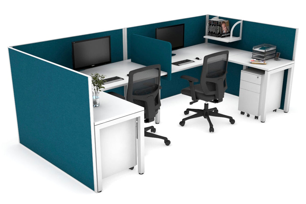 Quadro Square Legs 2 Person Corner Workstation - U Configuration - White Frame [1400L x 1800W with Cable Scallop]-white deep blue biscuit panel