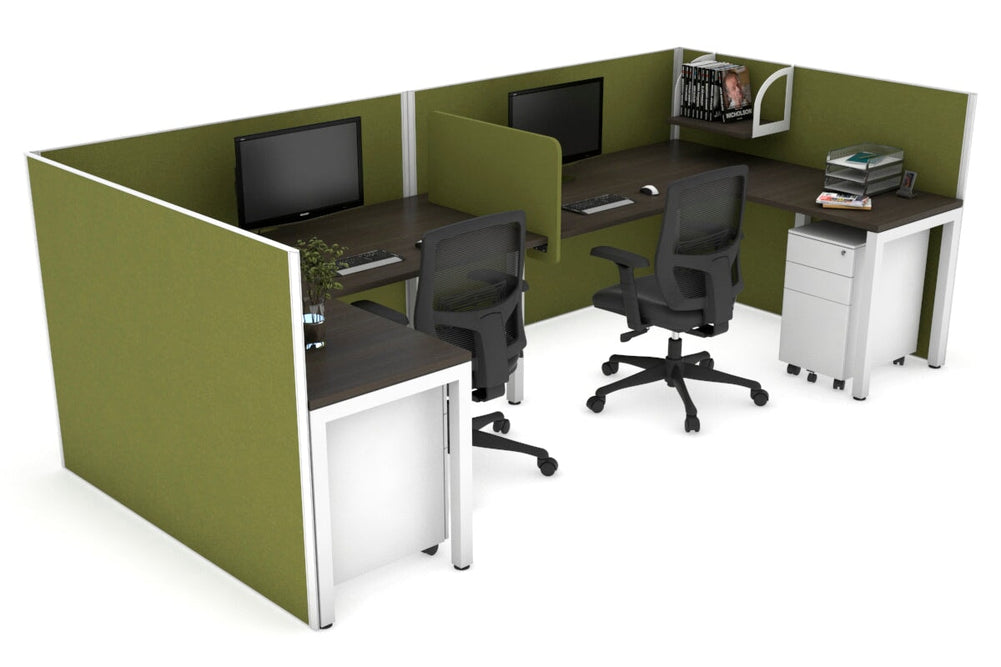 Quadro Square Legs 2 Person Corner Workstation - U Configuration - White Frame [1400L x 1800W with Cable Scallop]-dark oak green moss biscuit panel