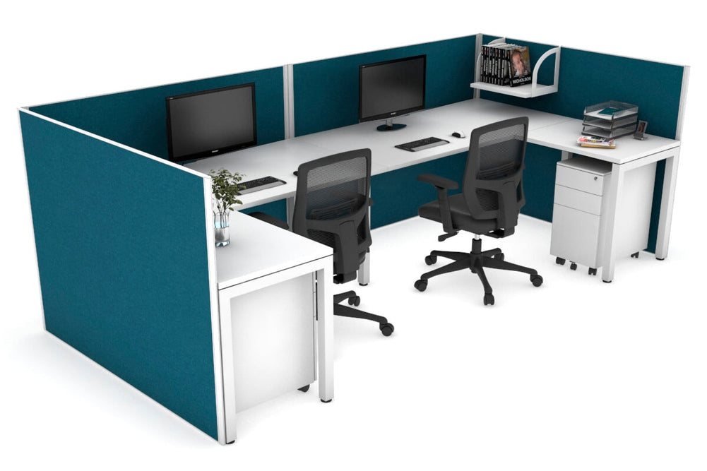 Quadro Square Legs 2 Person Corner Workstation - U Configuration - White Frame [1400L x 1800W with Cable Scallop]-white deep blue none