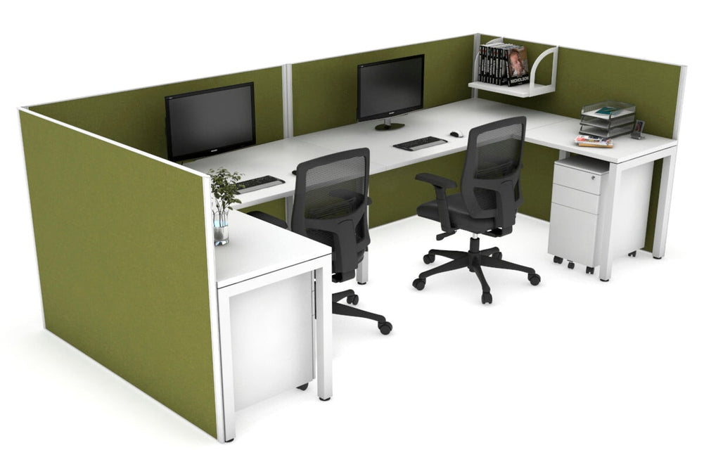 Quadro Square Legs 2 Person Corner Workstation - U Configuration - White Frame [1800L x 1800W with Cable Scallop]-white green moss none