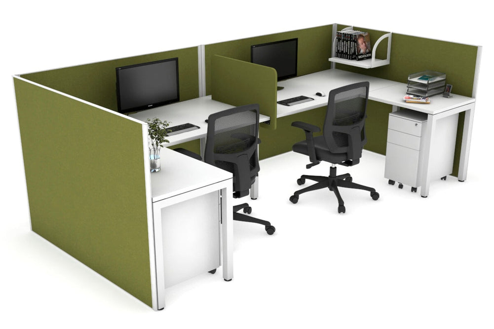 Quadro Square Legs 2 Person Corner Workstation - U Configuration - White Frame [1800L x 1800W with Cable Scallop]-white green moss biscuit panel