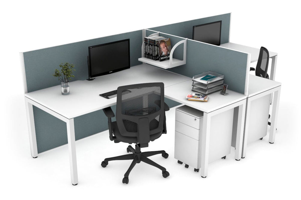 Quadro Square Legs 2 Person Corner Workstation - T Configuration [1400L x 1800W with Cable Scallop]-white leg white cool grey