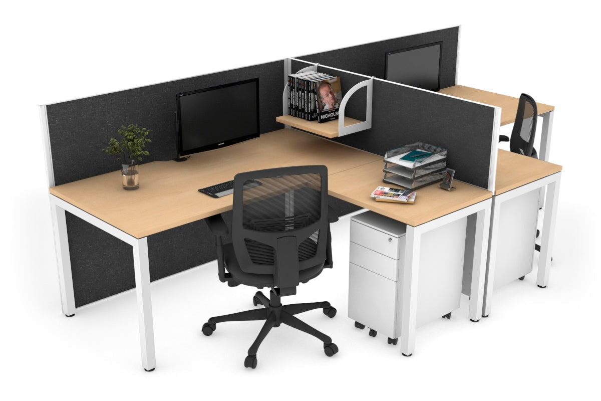 Quadro Square Leg 2 Person Corner Workstations - T Configuration [1400L x 1800W with Cable Scallop] Jasonl white leg maple moody charcoal