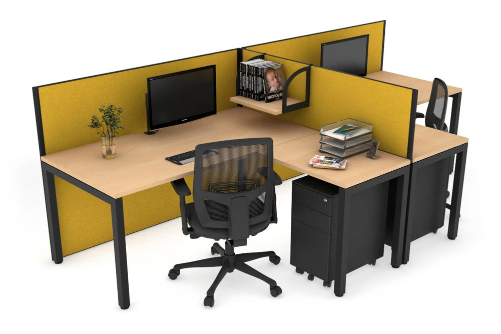 Quadro Square Legs 2 Person Corner Workstation - T Configuration [1400L x 1800W with Cable Scallop]-black leg maple mustard yellow