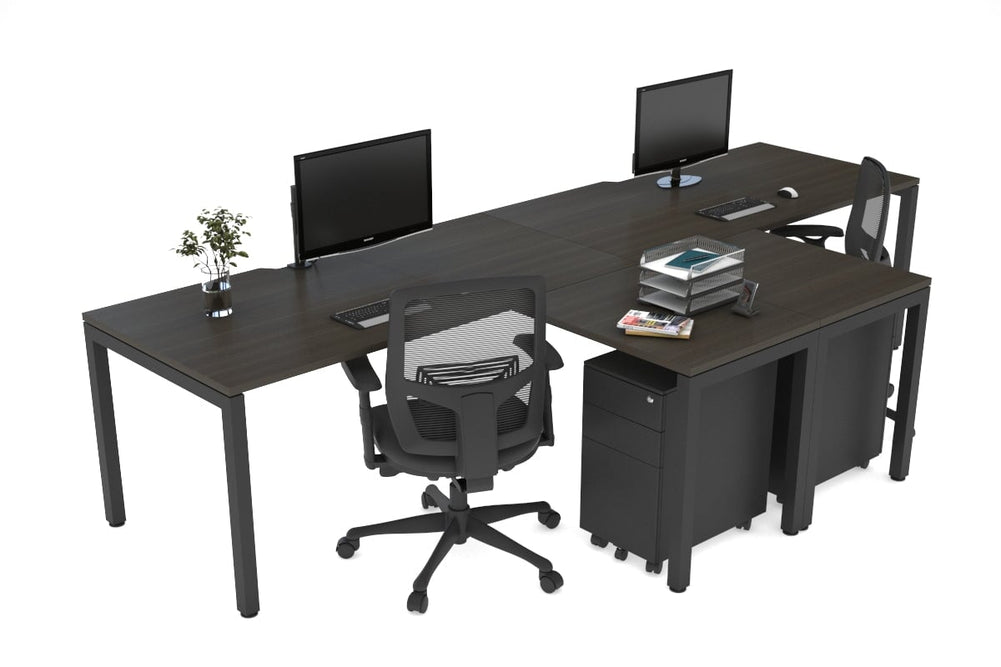 Quadro Square Legs 2 Person Corner Workstation - T Configuration [1400L x 1800W with Cable Scallop]-black leg dark oak none
