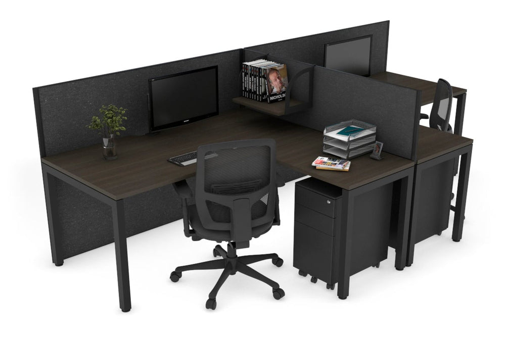 Quadro Square Legs 2 Person Corner Workstation - T Configuration [1400L x 1800W with Cable Scallop]-black leg dark oak moody charcoal