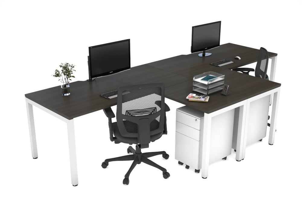 Quadro Square Legs 2 Person Corner Workstation - T Configuration [1400L x 1800W with Cable Scallop]-white leg dark oak none