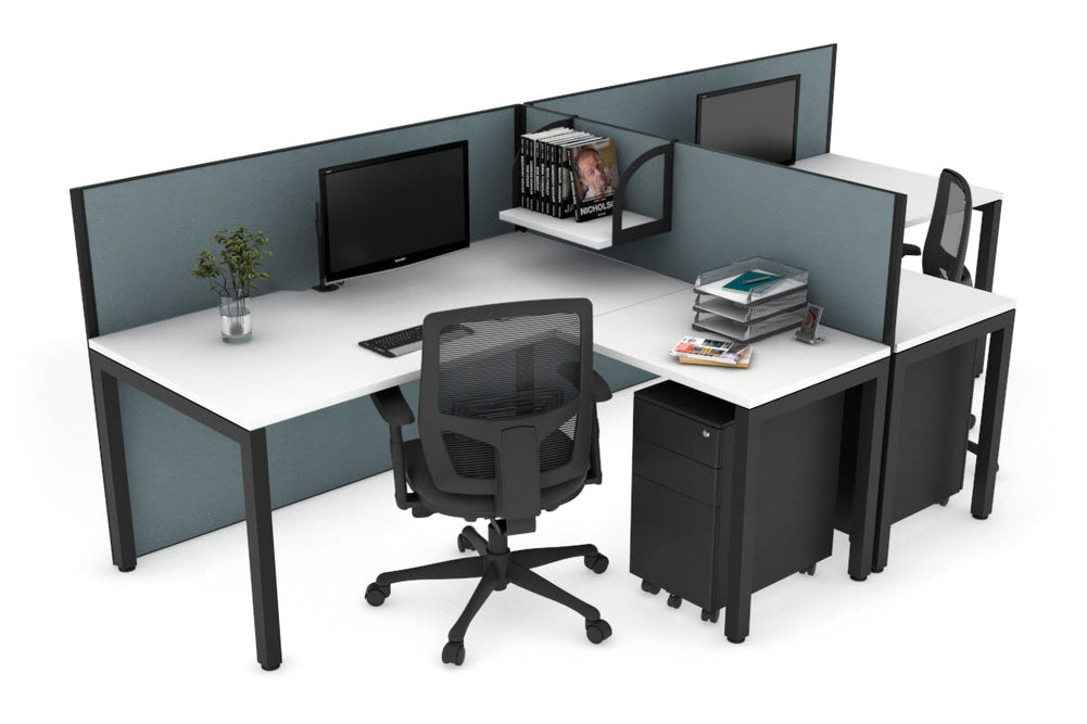 Quadro Square Legs 2 Person Corner Workstation - T Configuration [1400L x 1800W with Cable Scallop]-black leg dark oak moody charcoal