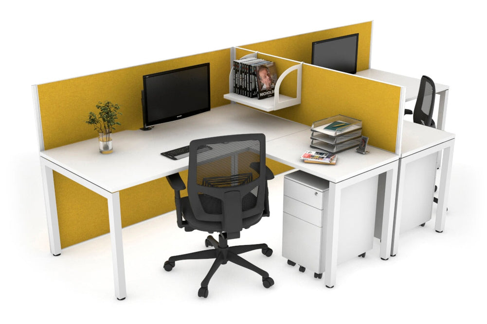 Quadro Square Legs 2 Person Corner Workstation - T Configuration [1600L x 1800W with Cable Scallop]-white leg white mustard yellow