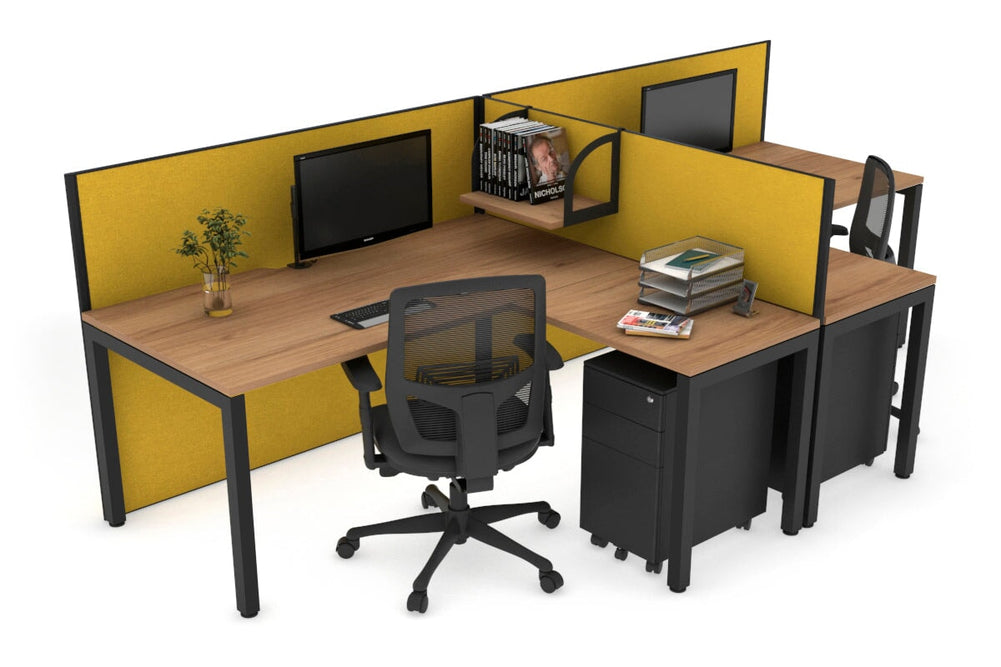Quadro Square Legs 2 Person Corner Workstation - T Configuration [1600L x 1800W with Cable Scallop]-black leg salvage oak mustard yellow