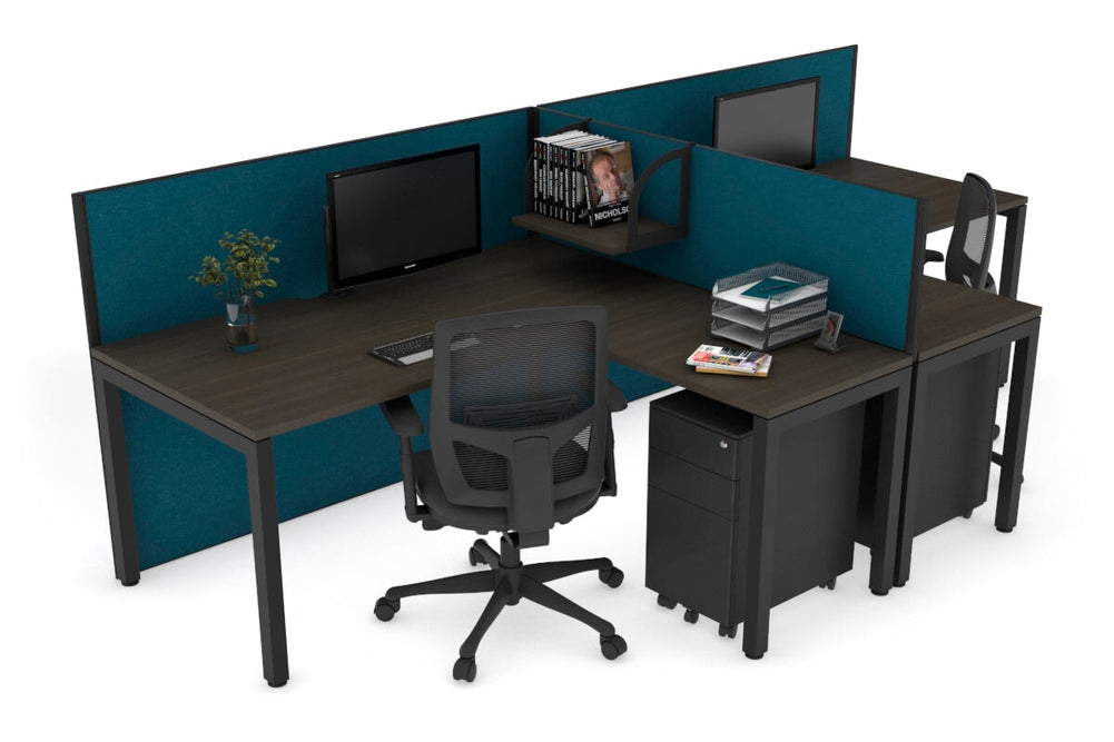 Quadro Square Legs 2 Person Corner Workstation - T Configuration [1600L x 1800W with Cable Scallop]-black leg dark oak deep blue
