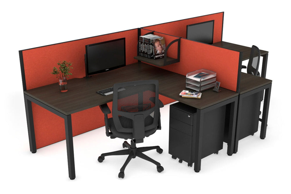 Quadro Square Legs 2 Person Corner Workstation - T Configuration [1800L x 1800W with Cable Scallop]-black leg dark oak squash orange