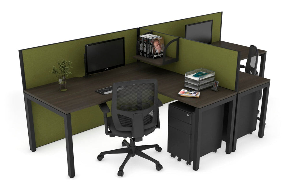Quadro Square Legs 2 Person Corner Workstation - T Configuration [1800L x 1800W with Cable Scallop]-black leg dark oak green moss