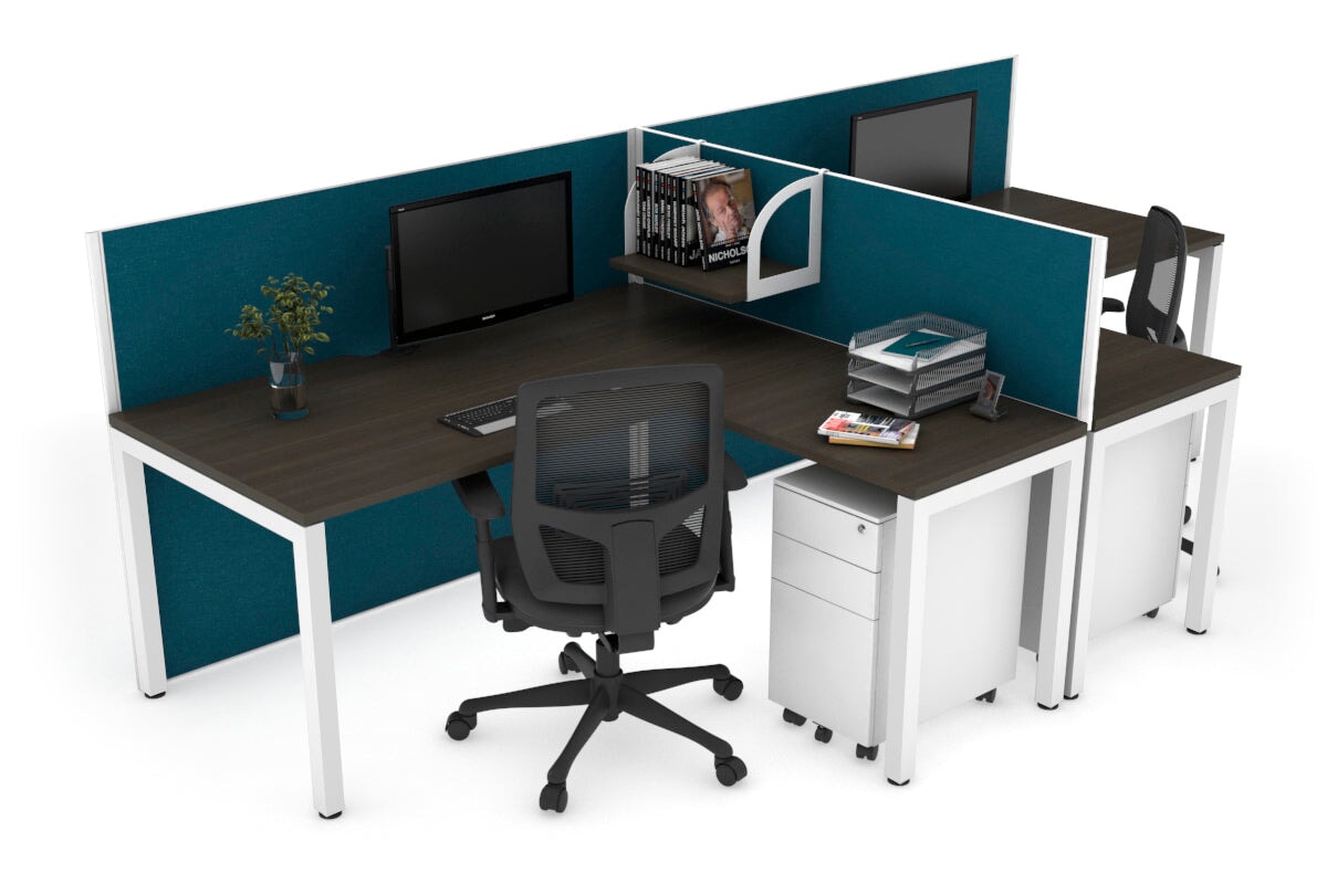 Quadro Square Leg 2 Person Corner Workstations - T Configuration [1800L x 1800W with Cable Scallop] Jasonl white leg dark oak deep blue