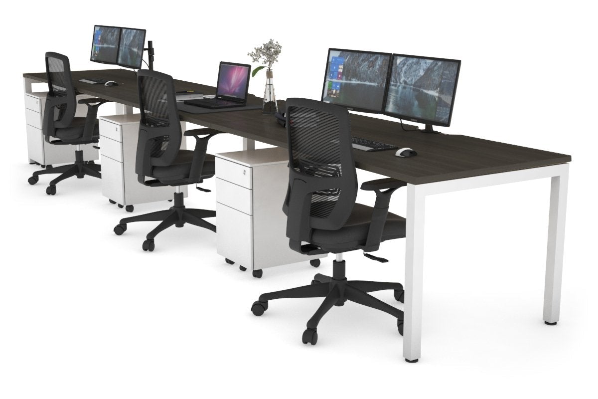 Quadro Square Leg 3 Person Run Office Workstations [1200L x 800W with Cable Scallop] Jasonl white leg dark oak 