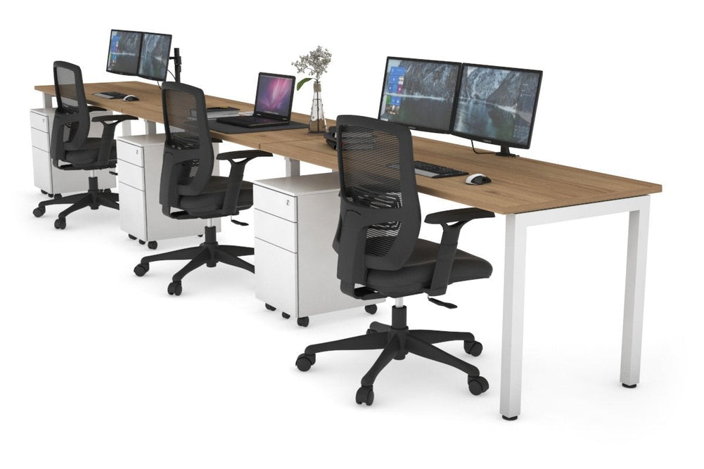 Quadro Square Legs 3 Person Run Office Workstation [1400L x 700W]-white leg salvage oak 