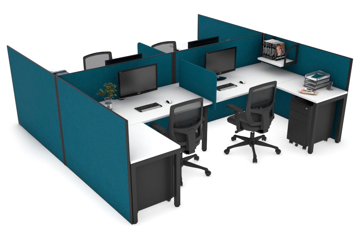 Quadro Square leg 4 Person Corner Workstations - H Configuration - Black Frame [1400L x 1800W with Cable Scallop] Jasonl white deep blue biscuit panel