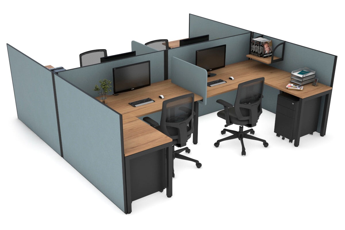 Quadro Square leg 4 Person Corner Workstations - H Configuration - Black Frame [1400L x 1800W with Cable Scallop] Jasonl salvage oak cool grey biscuit panel