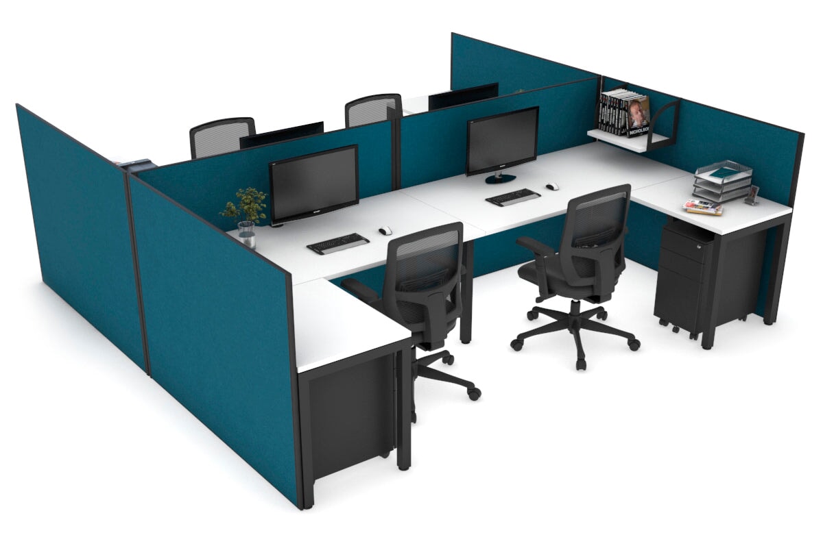 Quadro Square Legs 4 Person Corner Workstation - H Configuration - Black Frame [1400L x 1800W with Cable Scallop]-white deep blue none