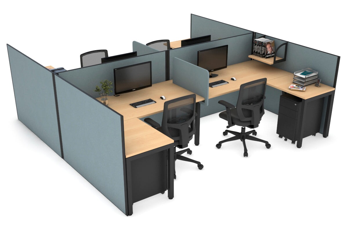 Quadro Square leg 4 Person Corner Workstations - H Configuration - Black Frame [1400L x 1800W with Cable Scallop] Jasonl maple cool grey biscuit panel