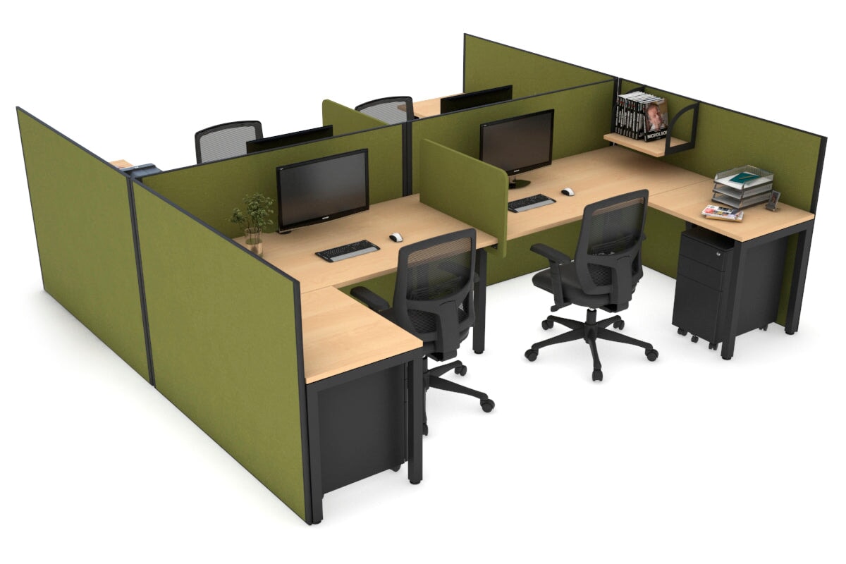Quadro Square Legs 4 Person Corner Workstation - H Configuration - Black Frame [1400L x 1800W with Cable Scallop]-maple green moss biscuit panel