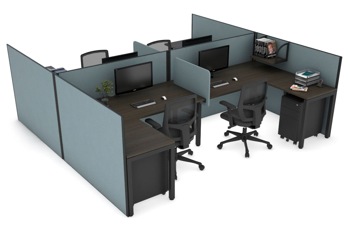 Quadro Square leg 4 Person Corner Workstations - H Configuration - Black Frame [1400L x 1800W with Cable Scallop] Jasonl dark oak cool grey biscuit panel