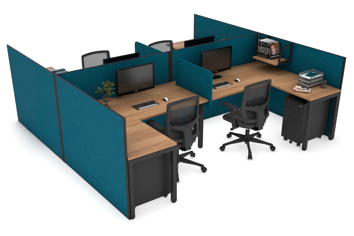 Quadro Square leg 4 Person Corner Workstations - H Configuration - Black Frame [1400L x 1800W with Cable Scallop] Jasonl salvage oak deep blue biscuit panel