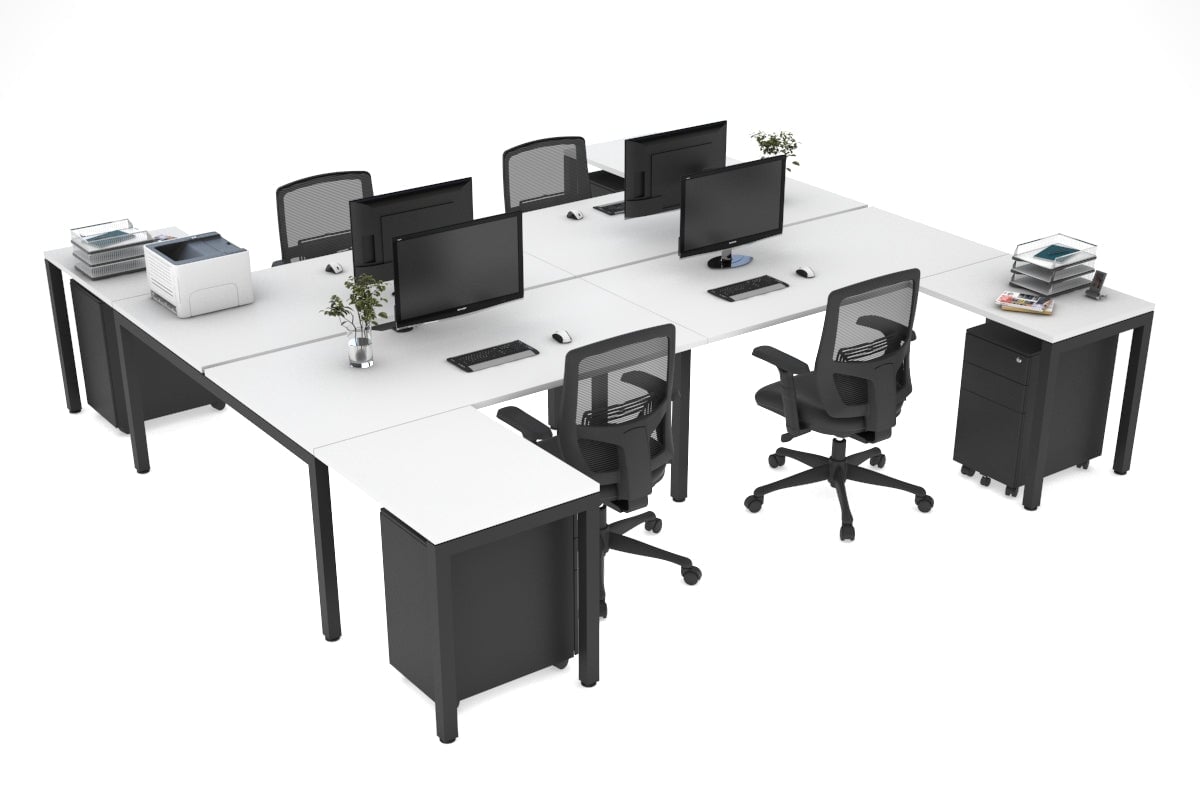 Quadro Square Legs 4 Person Corner Workstation - H Configuration - Black Frame [1400L x 1800W with Cable Scallop]-white none none