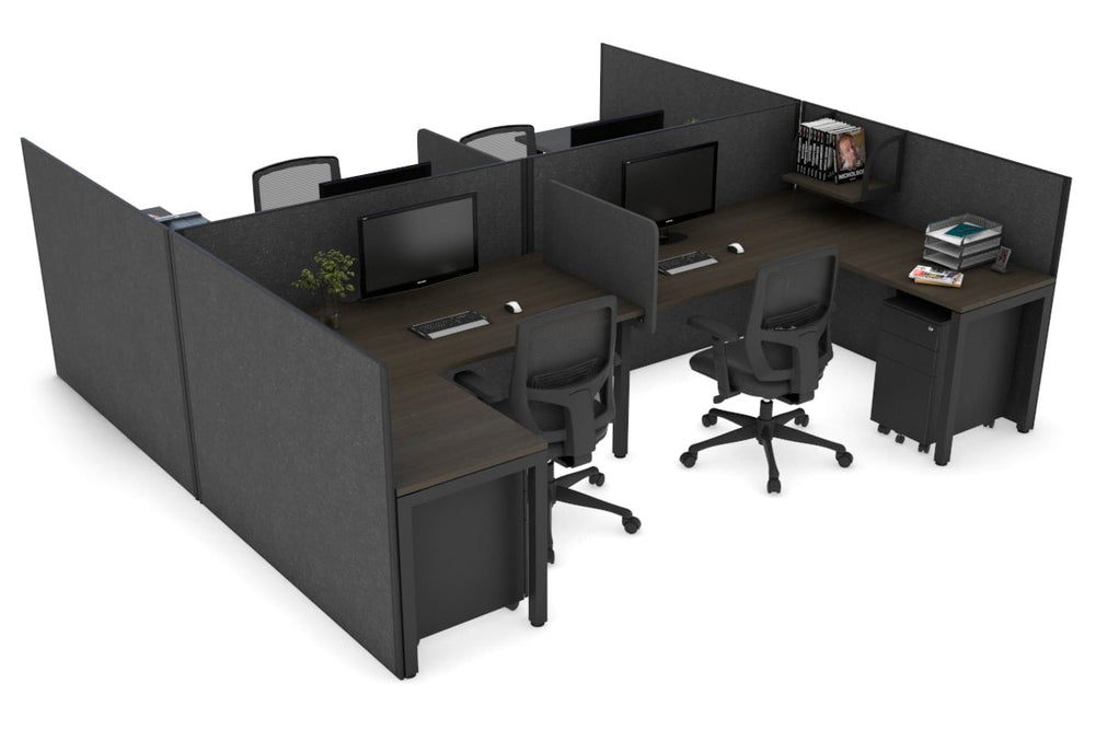 Quadro Square Legs 4 Person Corner Workstation - H Configuration - Black Frame [1600L x 1800W with Cable Scallop]-dark oak moody charcoal biscuit panel