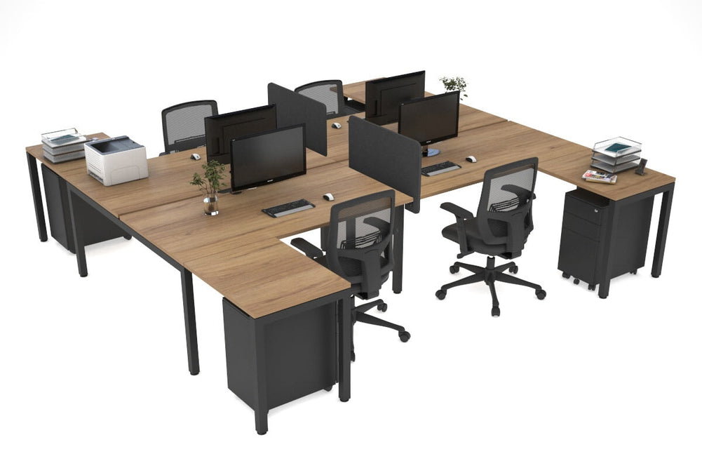 Quadro Square Legs 4 Person Corner Workstation - H Configuration - Black Frame [1600L x 1800W with Cable Scallop]-salvage oak none biscuit panel