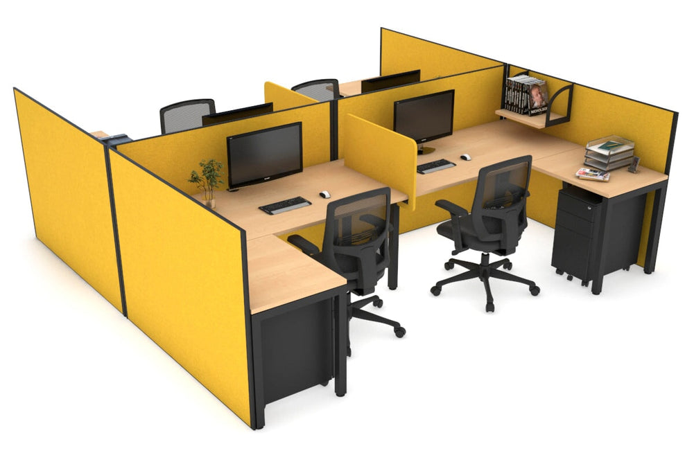 Quadro Square Legs 4 Person Corner Workstation - H Configuration - Black Frame [1600L x 1800W with Cable Scallop]-maple mustard yellow biscuit panel