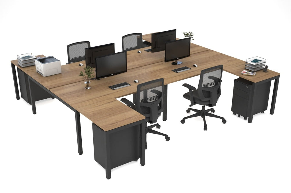 Quadro Square Legs 4 Person Corner Workstation - H Configuration - Black Frame [1600L x 1800W with Cable Scallop]-salvage oak none none