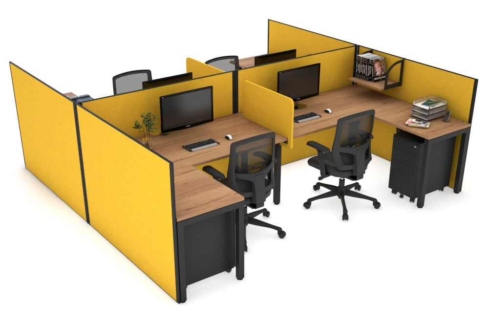 Quadro Square Legs 4 Person Corner Workstation - H Configuration - Black Frame [1600L x 1800W with Cable Scallop]-salvage oak mustard yellow biscuit panel