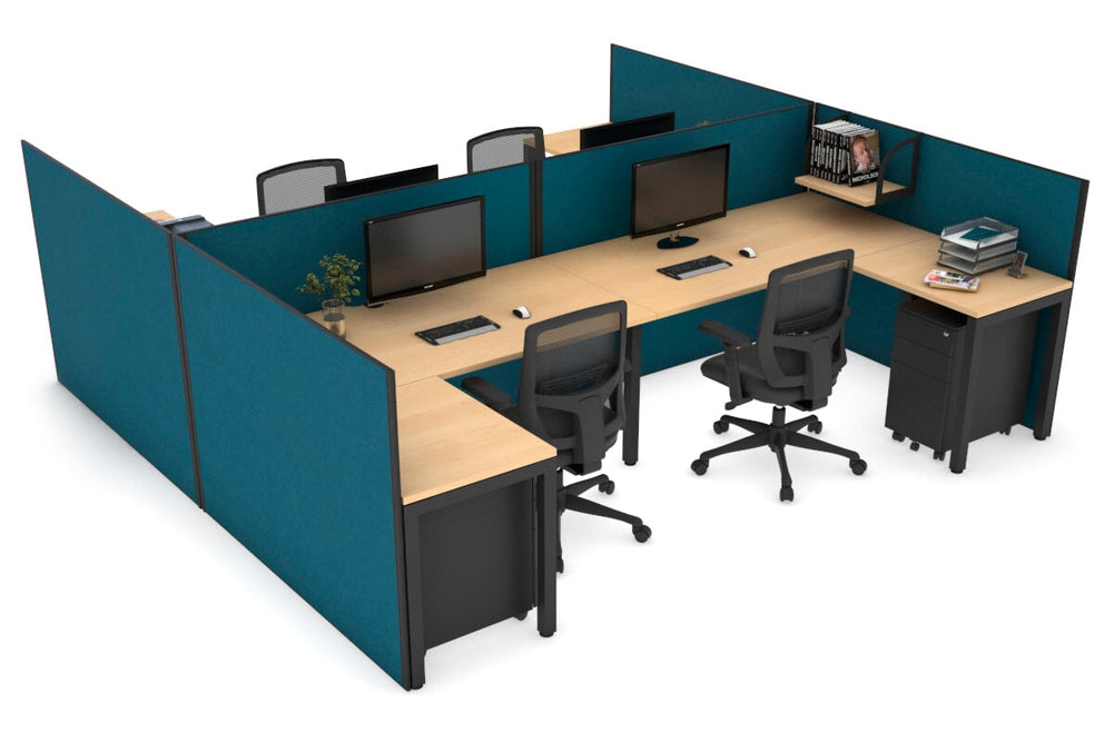 Quadro Square Legs 4 Person Corner Workstation - H Configuration - Black Frame [1600L x 1800W with Cable Scallop]-maple deep blue none